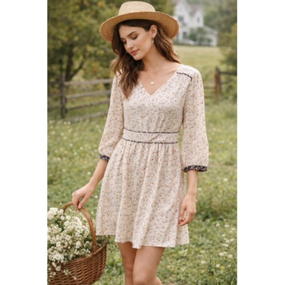Orange Creek Floral Cottagecore Dress Small Boho Prairie Empire Waist Cream Mini